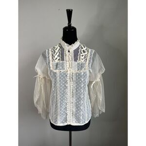 Vintage Women's Cream Lace Edwardian Inspired Sheer Lace Bell Sleeve Top Size S